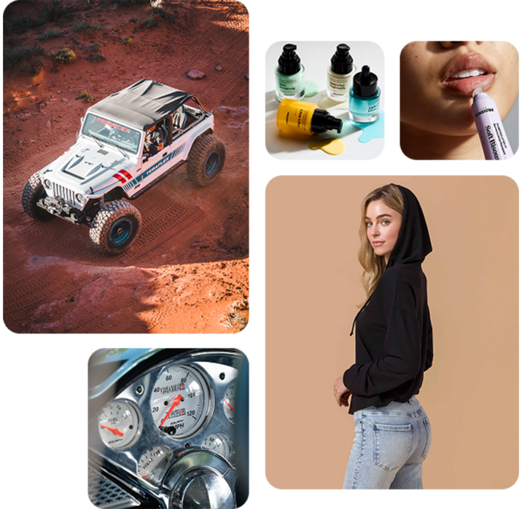 Collage of jeep, lip gloss, dashboard and woman wearing a hoodie