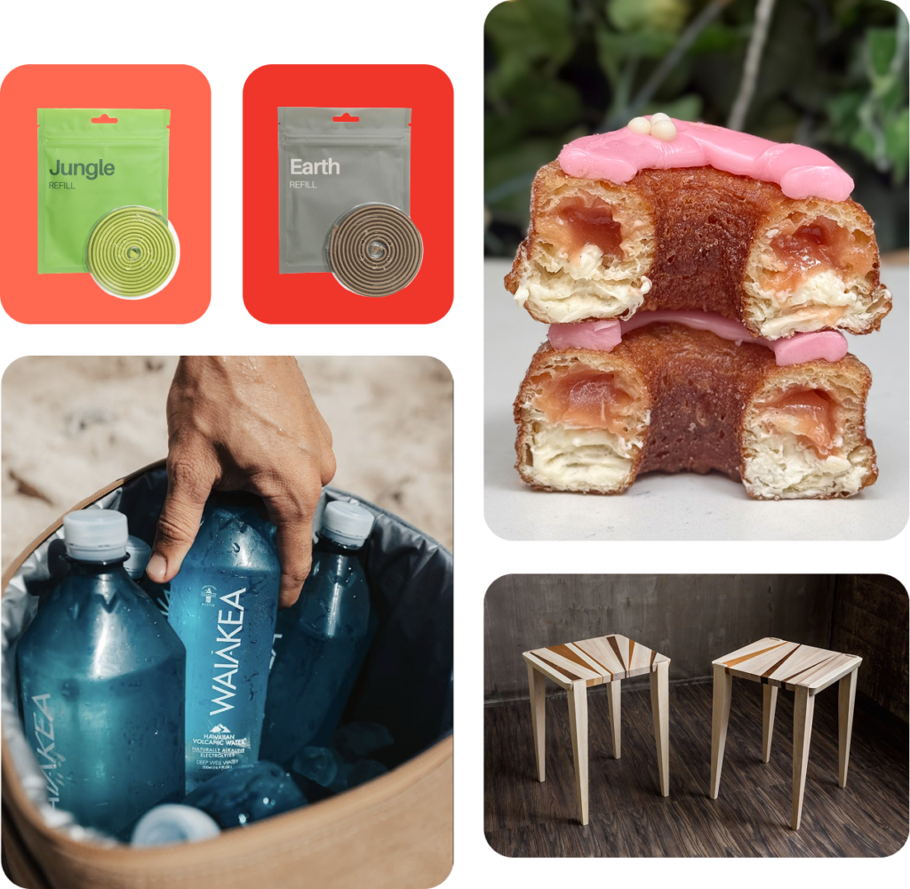 Hair ties, crounuts, tables, and waiakea water collage